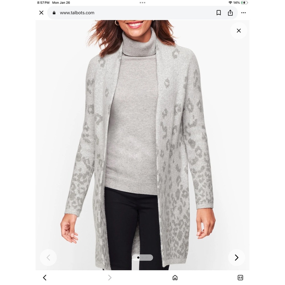 TALBOTS OMBRÉ LONGLINE FLYAWAY CARDIGAN SWEATER‎ IN GRAY ANIMAL PRINT